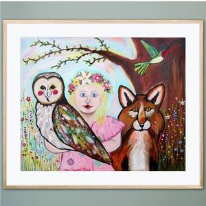 Blossom Fox Owl Art Print Oil Painting Flower Tree Hummingbird Book Illustration